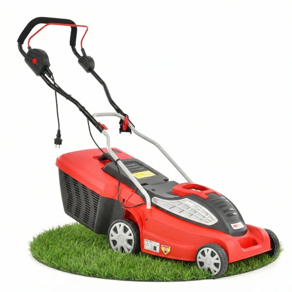 Roter Elektrorasenmäher auf Rasen