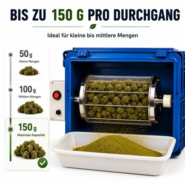 Pollinator Maschine mit rotierender Siebtrommel und Auffangwanne, Kapazität bis zu 150 Gramm pro Durchgang.