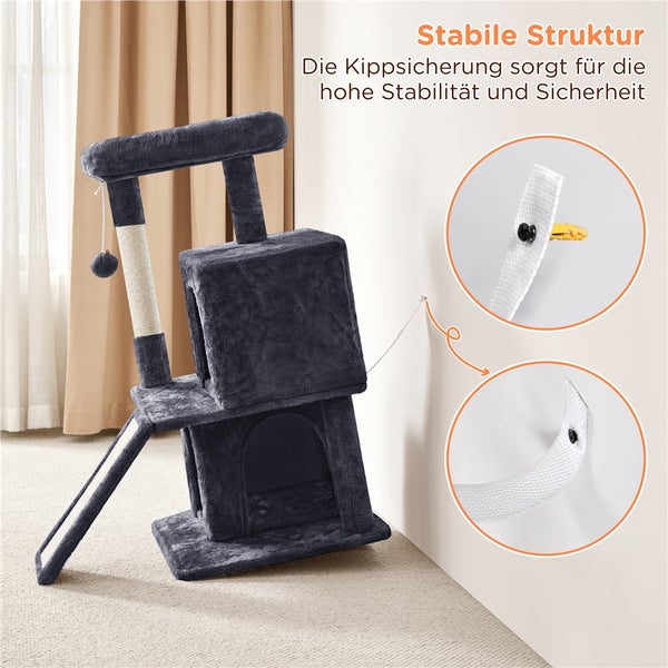 Grauer Kratzbaum mit zwei Häusern, Kratzstamm und Kippsicherung zur Wandbefestigung