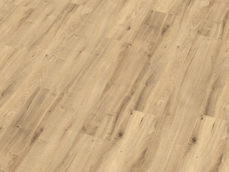 Laminatboden in Eichenoptik mit natürlicher Holzmaserung und Astlöchern in perspektivischer Ansicht