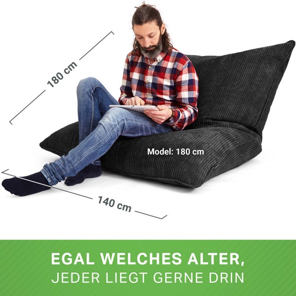 Green Bean XXL Sitzsack aus Cordstoff 370 Liter EPS-Perlen Füllung - Kuschelig Weich Robust & Waschbarem-Stoff Bodenkissen Liegekissen Sitzkissen - Samt Schwarz