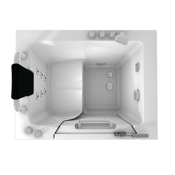 Blick von oben auf eine Badewanne mit Tür, ausgestattet mit Bedienelementen, Duschkopf und Haltegriffen