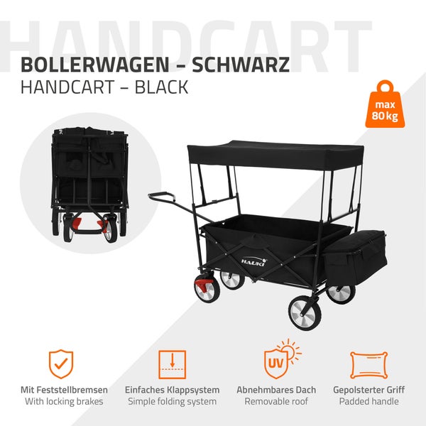 Hauki Bollerwagen L faltbar mit Dach, Schwarz, Handwagen klappbar, Transportwagen für Kinder, Gerätewagen inkl. 2x Netztaschen & 1x Außentasche, Vorderrad-Bremse, bis 80 kg, Transportkarre Kinderwagen