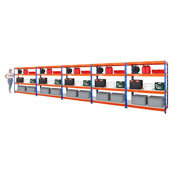 PROREGAL Mega Deal 5x Profi Schwerlastregal Rhino HxBxT 180 x 160 x 60 cm 4 Melamin-Ebenen 16mm Fachlast 500 kg Blau-Orange