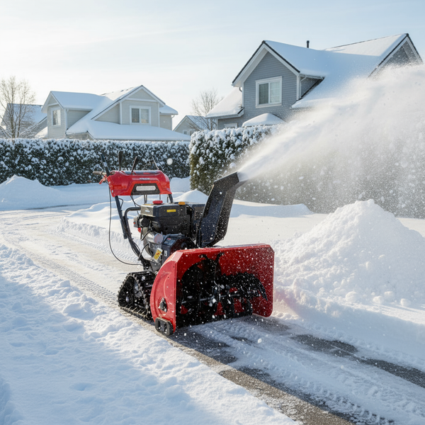 Roter Raupen Schneefräse räumt Schnee auf einer Einfahrt vor Wohnhäusern