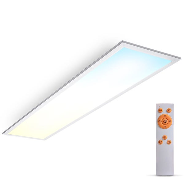 Flaches, rechteckiges LED-Panel mit silbernem Rahmen und einer Fernbedienung zur Einstellung der Helligkeit und Lichtfarbe.