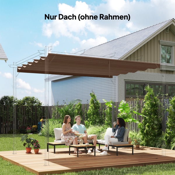 Einziehbares Pergola-Dachgewebe über einer Holzterrasse mit Gartenmöbeln und Personen. Nur das Dach ist enthalten, ohne Rahmen.