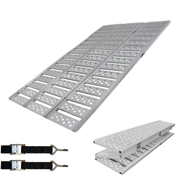 Auffahrrampen aus Aluminium inklusive Spanngurten zum Verladen von Fahrzeugen oder Maschinen.
