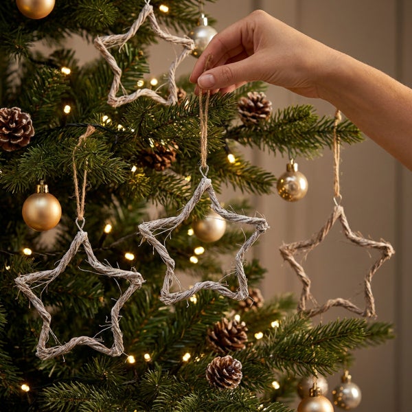 Eine Hand hängt einen sternförmigen Anhänger aus Naturmaterial an einen geschmückten Weihnachtsbaum mit Tannenzapfen und Kugeln.