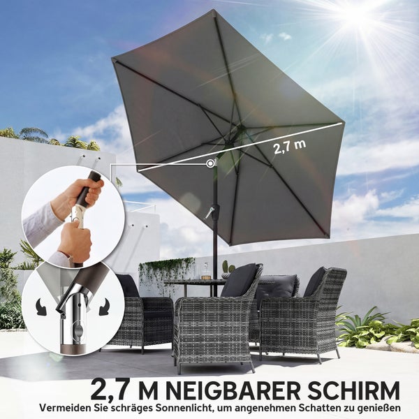 Outsunny Sonnenschirm 270 cm knickbar Balkonschirm mit Kurbel UV 50+ Gartenschirm windfest stabil Marktschirm Sonnenschutz für Garten Balkon Terrasse Dunkelgrau