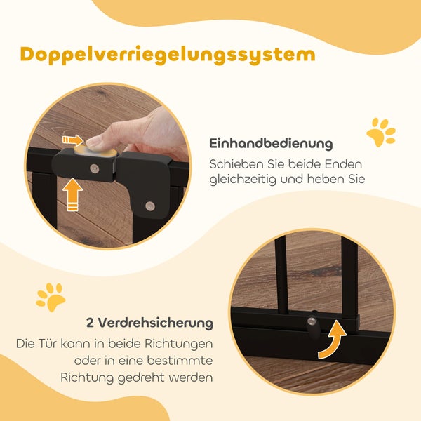 Infografik zu Schutzgitter mit Doppelverriegelungssystem, Einhandbedienung durch Schieben und Heben sowie Verdrehsicherung für beide Richtungen.