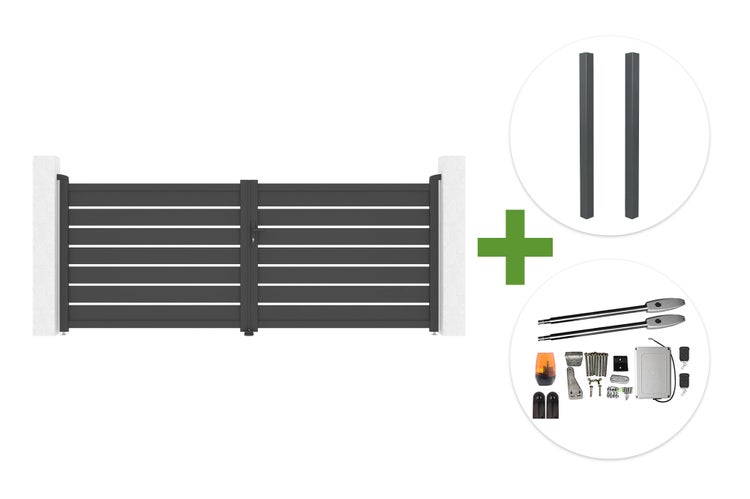 Doppelflügeltor mit horizontalen Lamellen inklusive zwei Pfosten und elektrischem Torantrieb Set.