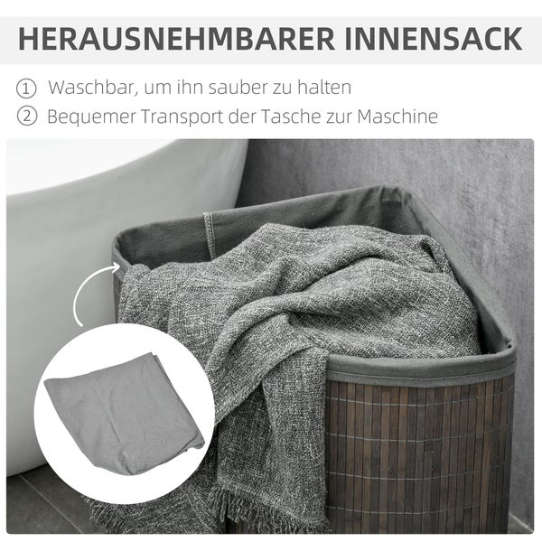 HOMCOM Bambus Wäschekorb mit Deckel 55L Wäschesammler mit Griffen, herausnehmbarer Wäschesack, Eck Wäschetonne Laundry Baskets für Waschküche Badezimmer Schlafzimmer Grau