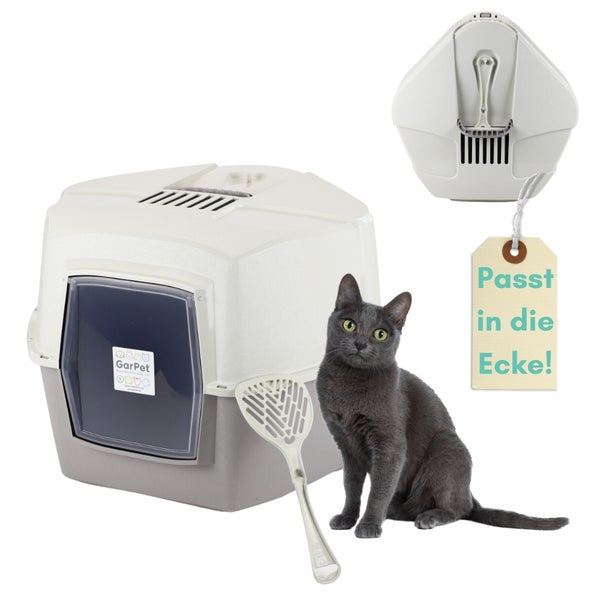Eck-Katzentoilette mit Katze und Schaufel