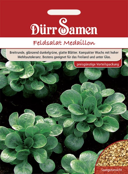 Samentüte für Feldsalat Medaillon mit Dürr Samen Logo, wachsenden Pflanzen, Ansicht der Samen und Hinweis auf eine Vorteilspackung.