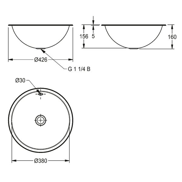 Technische Zeichnung eines runden Aufsatzwaschbeckens mit Maßangaben in Millimetern.