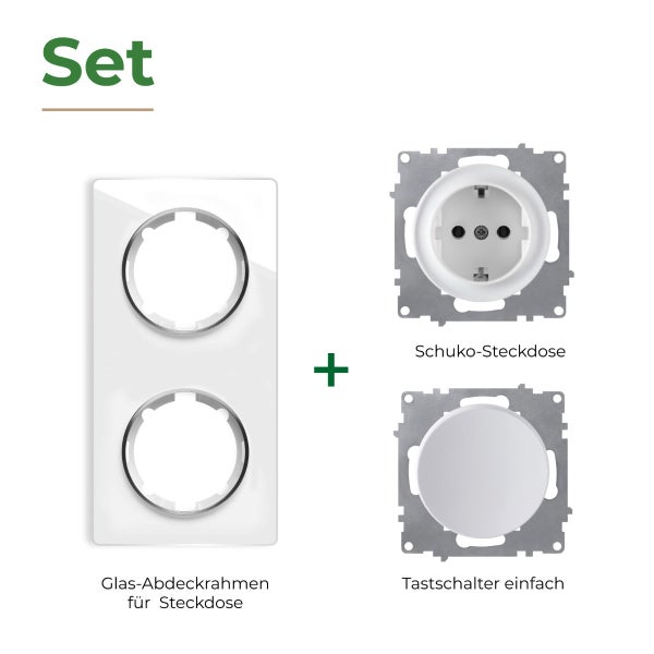 Set bestehend aus doppeltem Glasabdeckrahmen, Schukosteckdose und einfachem Tastschalter für die Unterputzmontage.