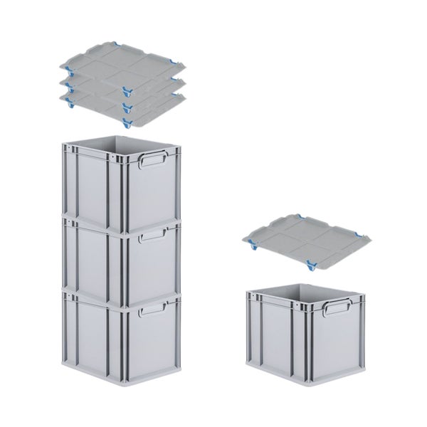 PROREGAL Spar Set 4x Eurobox Nextgen Economy Mit Auflagedeckel & 4x Schiebeschnappverschlüsse Blau Griffe Geschlossen HxBxT 32 x 30 x 40 cm 30 Liter