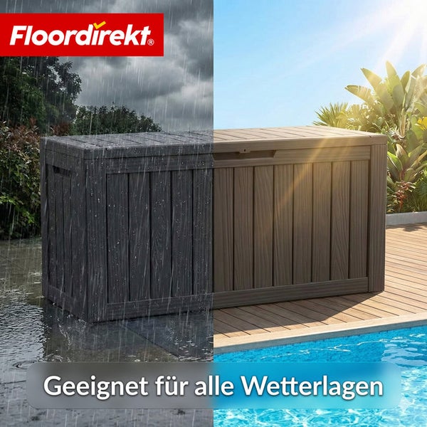 Wetterfeste Aufbewahrungsbox für den Außenbereich unterteilt in Regen- und Sonnenszene