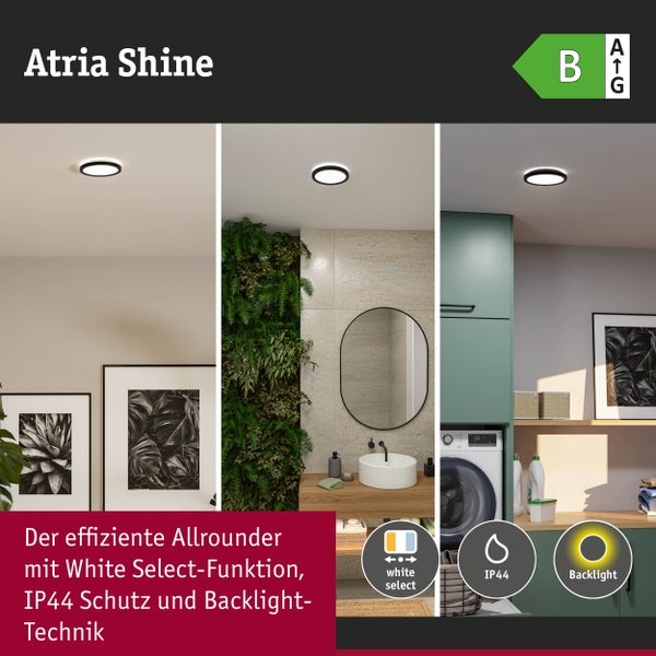 LED-Deckenleuchte Atria Shine im Wohnzimmer, Bad und Waschraum. Mit einstellbarer Lichtfarbe, Schutzart IP44, Backlight-Effekt und Energieklasse B.