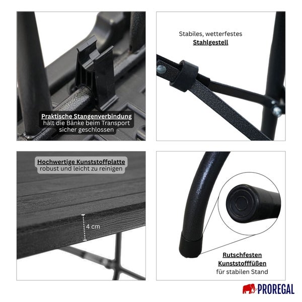 Detailansichten einer Klappbank, die verschiedene Konstruktionsmerkmale wie ein Stahlgestell, eine Kunststoffplatte, rutschfeste Füße und eine Stangenverbindung zeigt