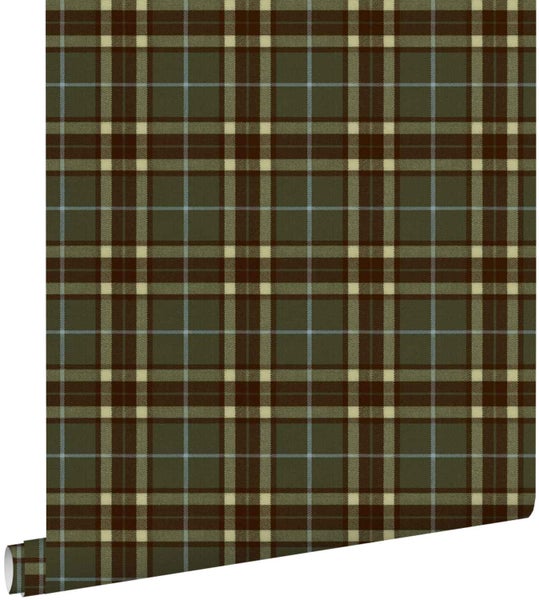 Tapete mit Schottenkaro-Muster in Grün, Braun, Beige und Blau, Karo-Design mit feinen und breiten Streifen.
