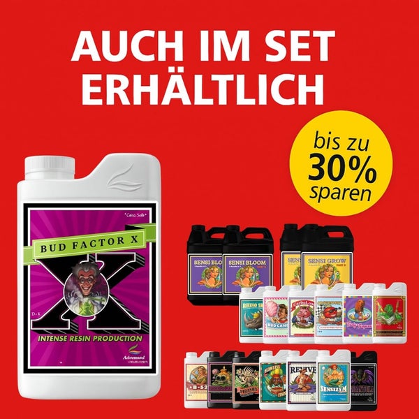 Verschiedene Pflanzendünger von Advanced Nutrients, inklusive Bud Factor X, auch als Set mit bis zu 30 Prozent Ersparnis erhältlich.