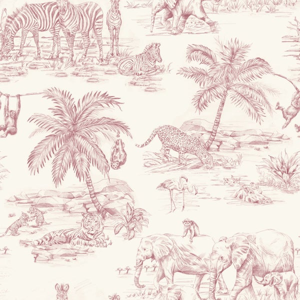 Tapete mit Toile-de-Jouy-Muster mit Safari-Tieren wie Elefanten, Zebras, Tigern und Palmen in einem handgezeichneten Skizzenstil.