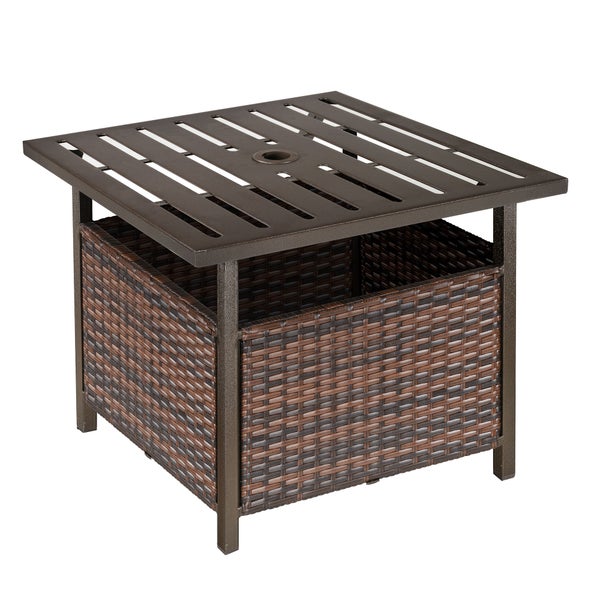 Outsunny Rattantisch Gartentisch Terrassentisch Kaffeetisch mit Schirmloch Perfekt für Garten Balkon Terrasse 55,5 x 55,5 x 46 cm Braun