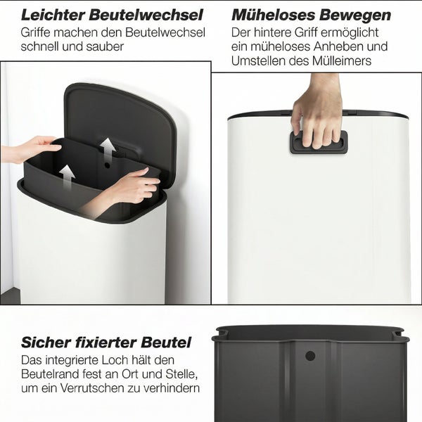 Mülleimer mit herausnehmbarem Inneneimer, Griff an der Rückseite zum Tragen und Loch zur Fixierung des Müllbeutels.