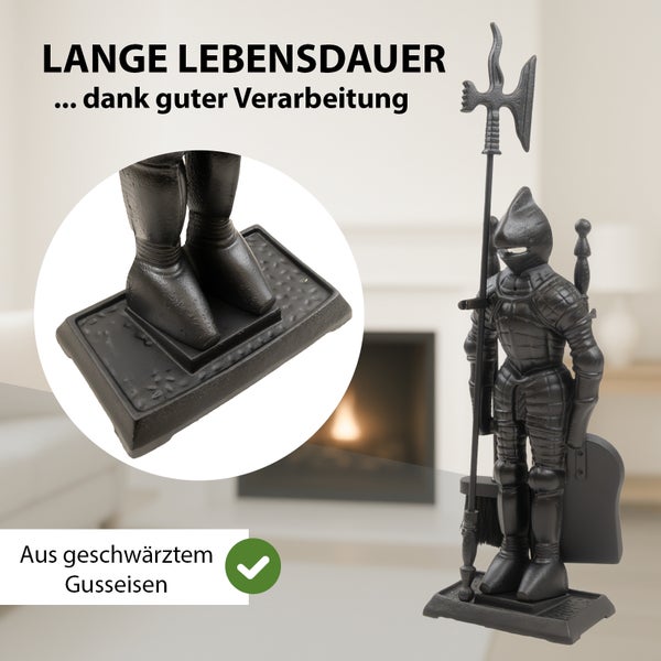Kamingarnitur aus geschwärztem Gusseisen mit Ritterfigur