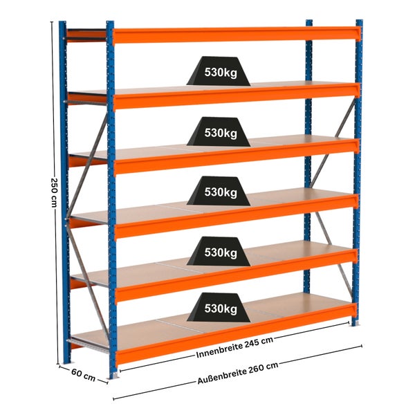 Steckregal mit fünf Böden und Maßangaben