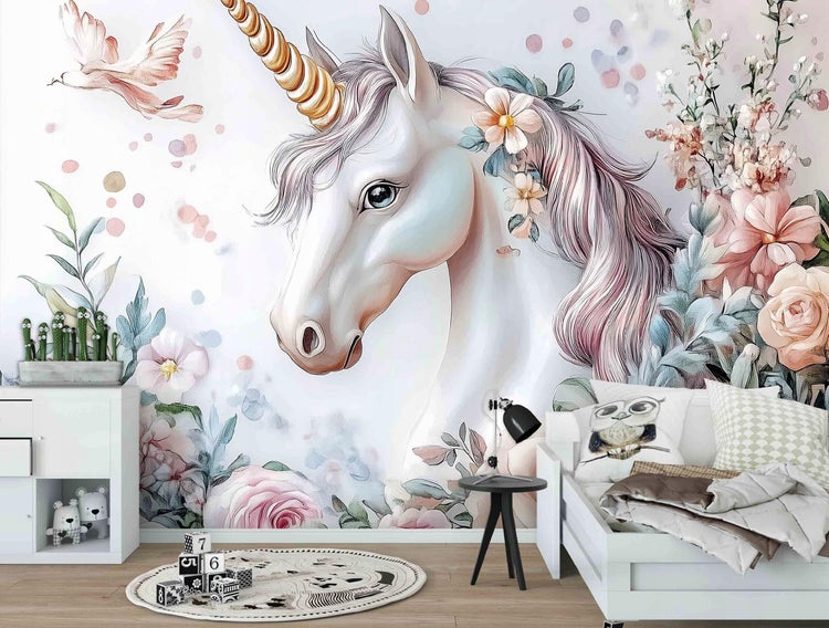 Fototapete Kinderzimmer Mädchen Einhorn Blumen Tapete Kinder 350x250 cm