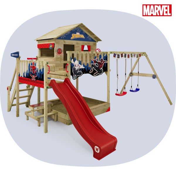 WICKEY Spielturm Marvel Spider-Man Quest mit Rutsche, Picknicktisch und Doppelschaukel