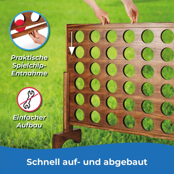 Großes Holzspiel Vier gewinnt für draußen mit praktischer Entnahmeleiste und werkzeuglosem Aufbau.