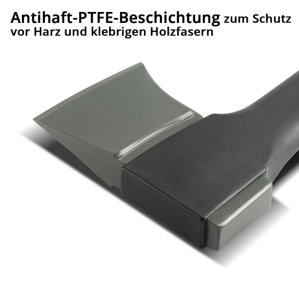 Nahaufnahme einer Axt mit Antihaft PTFE Beschichtung zum Schutz vor Harz und klebrigen Holzfasern