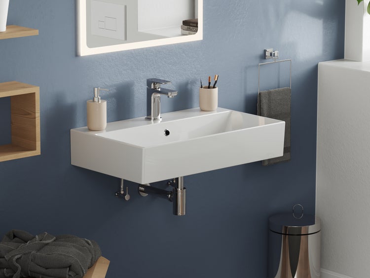 Aqua Bagno Loft KS.70 Waschtisch 70x42 cm – Keramik, Weiß Hochglanz, mit Hahnloch & Überlauf, wandhängend oder als Aufsatzwaschbecken