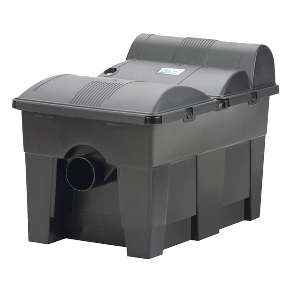 Oase Teichfilter aus robustem Kunststoff mit Deckel und sichtbarem Auslaufrohr sowie Oase Logo