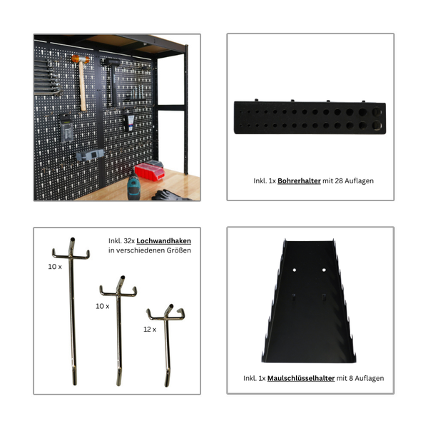 PROREGAL Mega Deal 4x Profi Werkbank GIANT BEAST mit Lochwand HxBxT 180x120x60cm Fachlast 175kg inkl. Werkzeughalter Set Schwarz Arbeitstisch