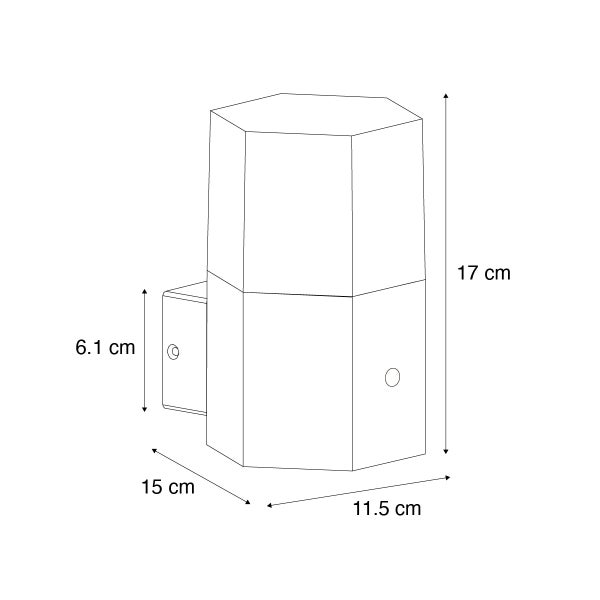 Sechseckige Wandleuchte mit Maßen: Höhe 17 Zentimeter, Breite 11,5 Zentimeter, Tiefe 15 Zentimeter, Wandhalterung 6,1 Zentimeter.