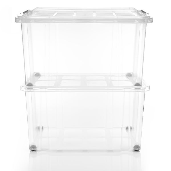 BigDean 3 Stück 60 L Aufbewahrungsbox mit Deckel groß transparent - stapelbare robuste Box BPA-frei - rollbare Stapelbox mit festen Klickverschlüssen - Made in Germany