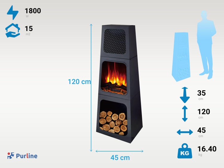 Purline Elektrokamin mit den Maßen 120 x 45 x 45 cm und 1800 Watt Leistung