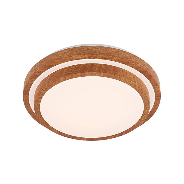 Runde Deckenleuchte mit doppeltem Rahmen in Eichenoptik und weißem Diffusor.