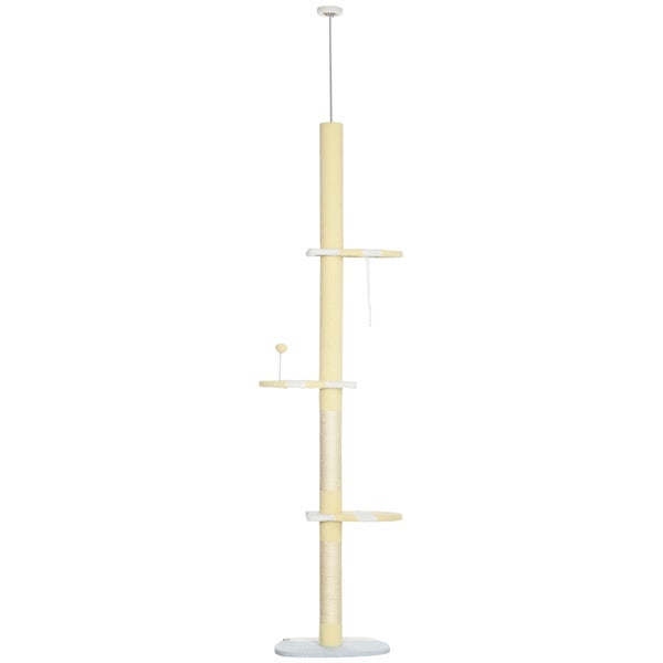 PawHut Kratzbaum, Deckenhoch Katzenbaum, 220-260 cm Höhenverstellbar Katzenkratzbaum, Spielbaum mit Kippschutz, Kletterbaum mit Spielball, Plüsch, Gelb
