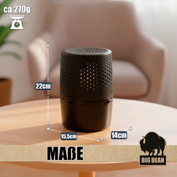 Schwarzer Luftreiniger mit Abmessungen und Gewicht auf einem Tisch