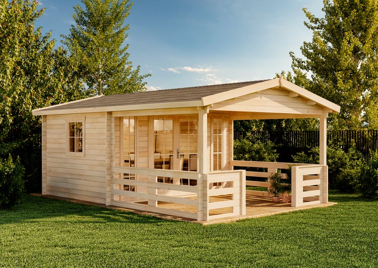 Holzgartenhaus mit überdachter Terrasse im Garten