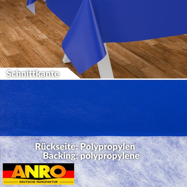 Blaue Wachstuch-Tischdecke mit Schnittkante, Oberflächenstruktur und Rückseite aus Polypropylen. ANRO Deutsche Manufaktur Logo.