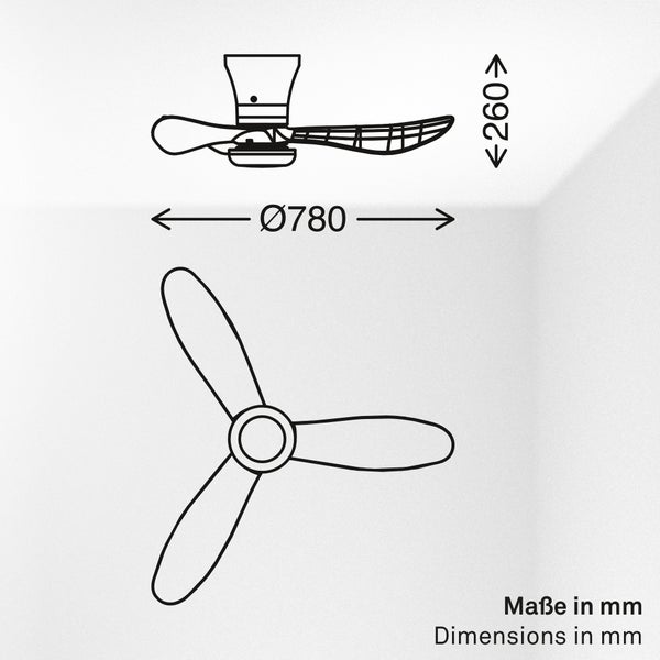 Technische Zeichnung eines Deckenventilators mit Maßen: Durchmesser 780 Millimeter und Höhe 260 Millimeter. Maße in Millimeter.