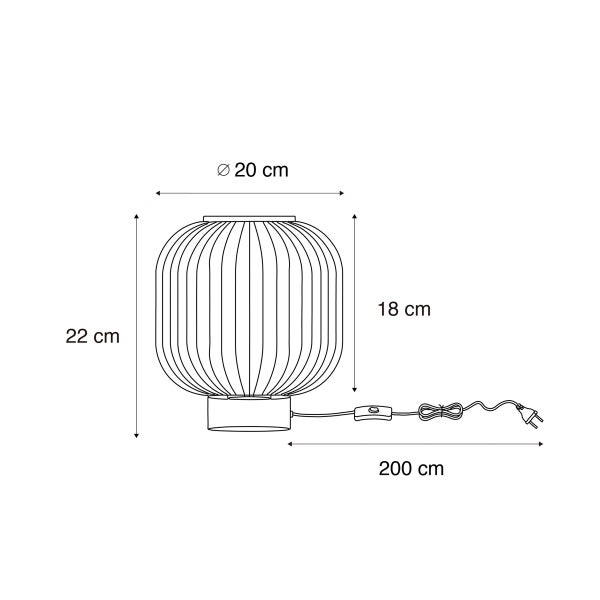 Skizze einer Tischleuchte mit den Maßen 22 cm Höhe, 20 cm Durchmesser und 200 cm Kabellänge