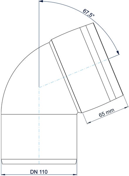 Technische Zeichnung eines Rohrbogens mit Nennweite 110, einem Winkel von 67,5 Grad und einer Schenkellänge von 65 Millimeter.